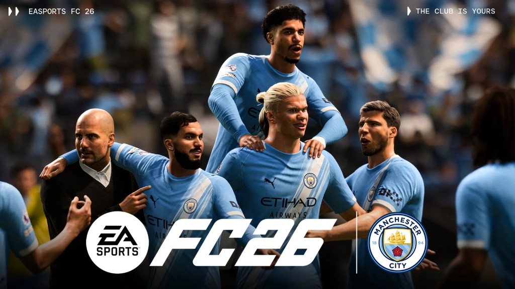 EA Sports FC 26 — a striker firing at goal